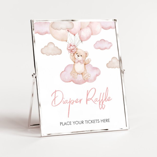 Póster Bebé rosa globo de oso Baby Shower Diaper Raffle (Pink Baby Bear Balloon Baby Shower Diaper Raffle Sign)