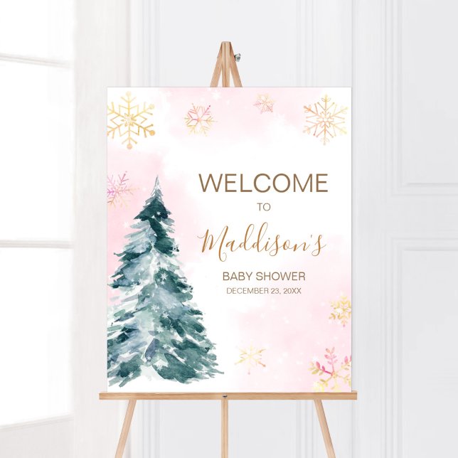 Póster Bebé rosa hace frío afuera bienvenida (Pink Gold Winter Cold Outside Baby Shower Welcome Sign)