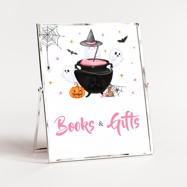 Póster Bebé rosado de Halloween está preparando libros y  (Baby is Brewing Baby Shower Books and Gifts Sign)