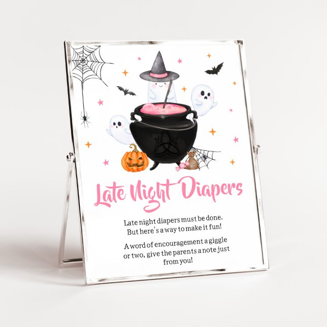 Póster Bebé rosado de Halloween se prepara para los pañal (Baby is Brewing Baby Shower Late Night Diapers Sign)