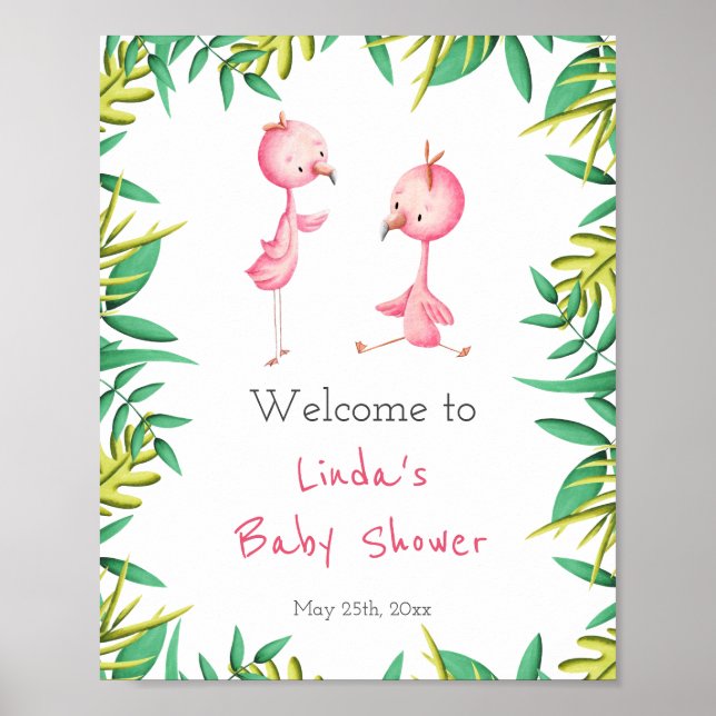 Póster Bebé Shower de Lindos Flamingos Tropicales Gemelos (Frente)