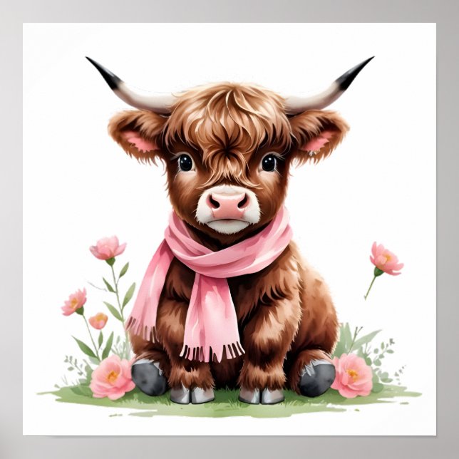 Póster Bebé Ternero de las Highlands Adorable con Flores (Frente)