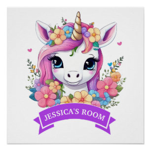 Póster Bebé Unicornio Mágico con Flores