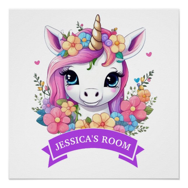 Póster Bebé Unicornio Mágico con Flores (Anverso)