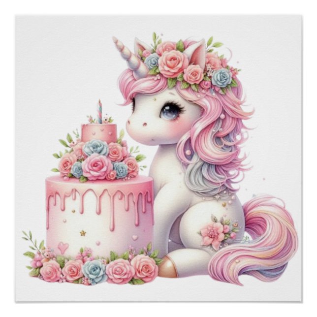 Póster Bebé unicornio moderno con pastel de acuarela4 (Anverso)