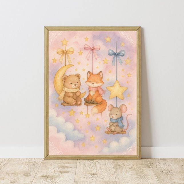 Póster Bebé Woodland Animales Celestiales Nursery Wall Ar (Baby Woodland Animals Moon Stars Celestial Nursery Wall Art. Girls Nursery or Boys, Toddler Bedroom)