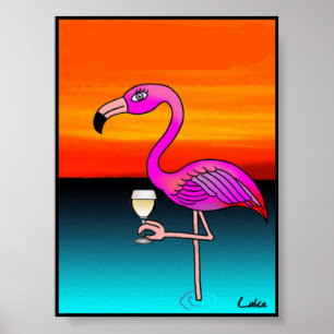 Póster Beber vino divertido Guay poster Flamingo