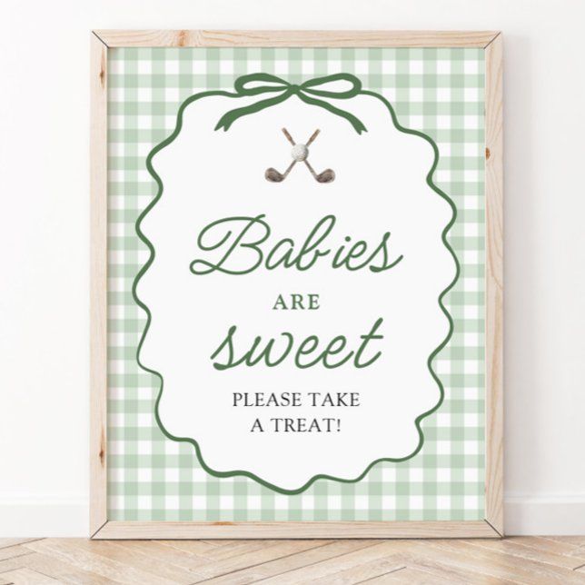 Póster Bebés de Golf con Lazo de Gingham Verde Salvia son (Sage Green Gingham Bow Golf Babies are Sweet Sign)
