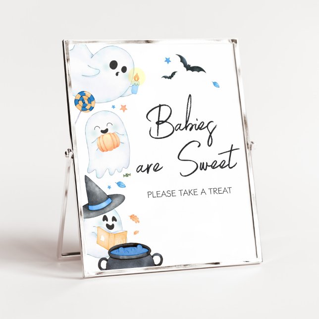 Póster Bebés de Halloween azul son dulces (Blue Little Boo Baby Shower Babies are Sweet Sign)