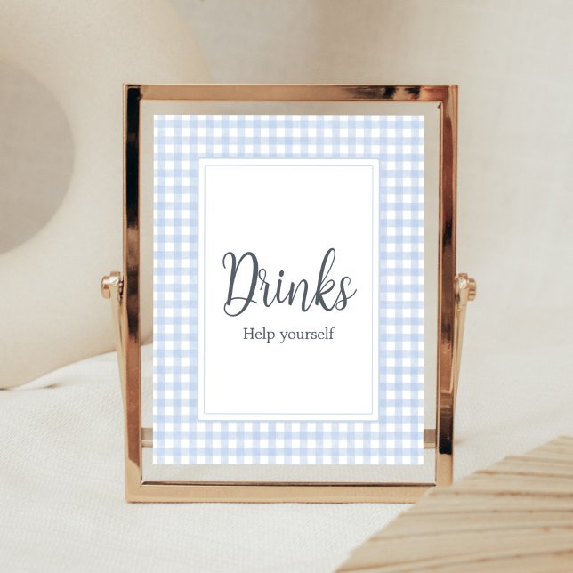 Póster Bebida clásica azul de Gingham (Boy Gingham Baby Shower Drinks Sign)
