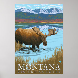 Póster Bebida de alce en el lago - Montana