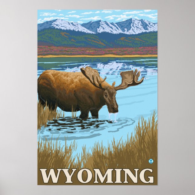Póster Bebida de alce en el lago Wyoming (Frente)