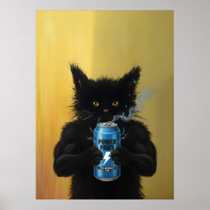 Póster Bebida Energética Gato Negro Divertido Gimnasio Fi
