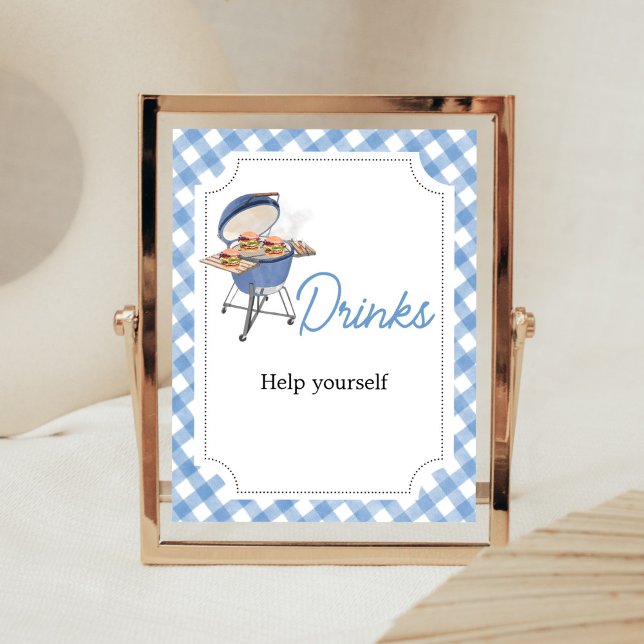 Póster Bebidas Baby Shower Blue Burger BBQ (Boy Backyard BBQ Baby Shower Drinks Sign)