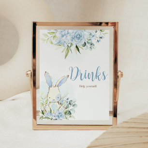 Póster Bebidas Baby Shower Blue Floral Bunny Rabbit