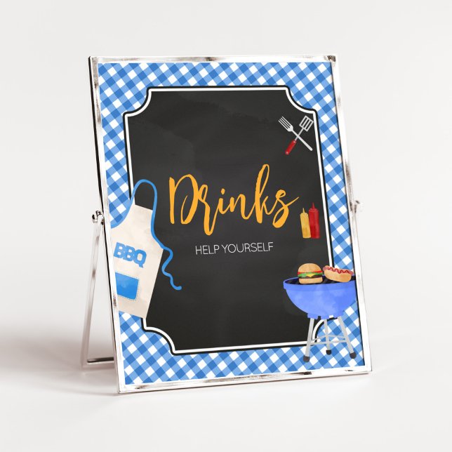 Póster Bebidas Baby Shower Blue Gingham BBQ (Boy Baby-Q Baby Shower Drinks Sign)