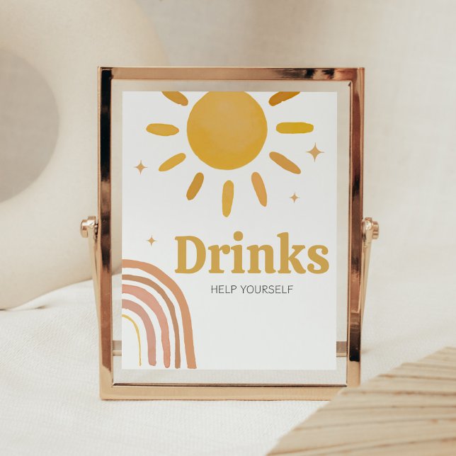Póster Bebidas Baby Shower Boho Retro Sunshine (Here Comes the Sun Baby Shower Drinks Sign)