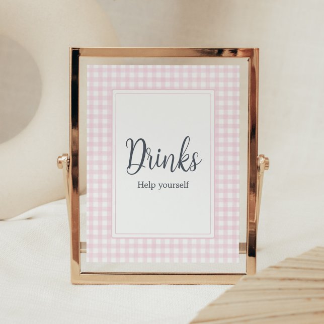 Póster Bebidas Baby Shower clásicas de Gingham rosa (Girl Gingham Baby Shower Drinks Sign)