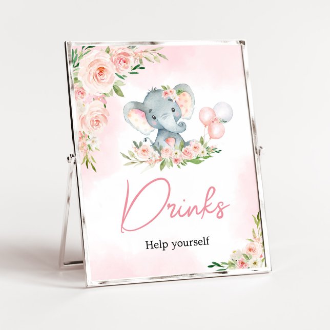 Póster Bebidas Baby Shower con globo de elefante floral r (Floral Balloon Elephant Baby Shower Drinks Sign)