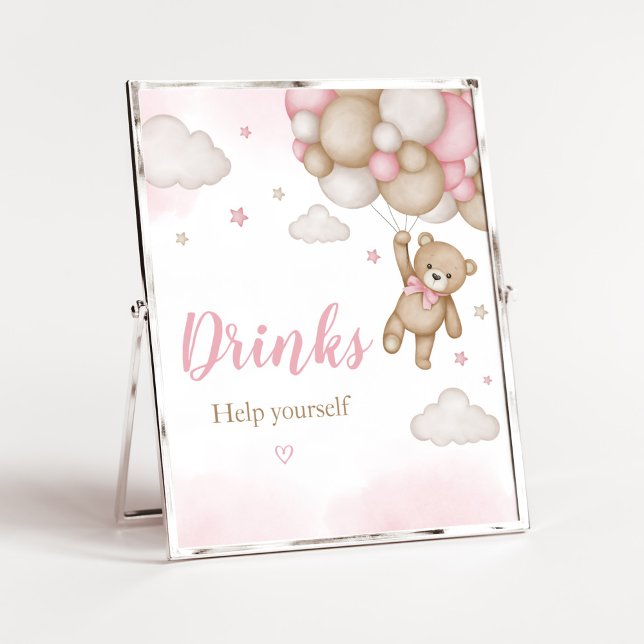 Póster Bebidas Baby Shower con globo de oso rosa (Girl Bear Baby Shower Drinks Sign)