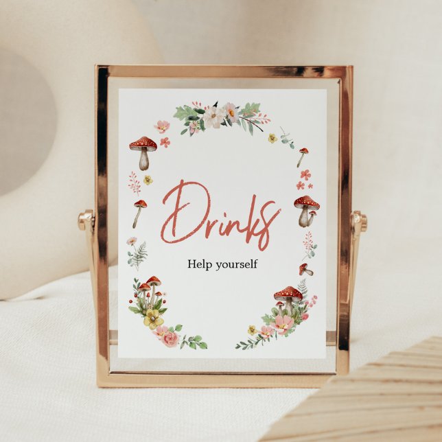 Póster Bebidas Baby Shower con hongos de flores silvestre (Enchanted Mushroom Baby Shower Drinks Sign)