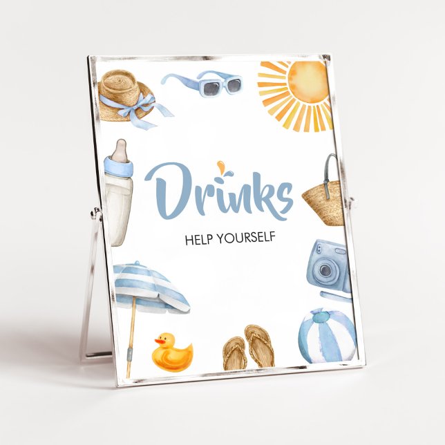 Póster Bebidas Baby Shower de Blue Splish Splash (Boy Summer Beach Baby Shower Drinks Sign)