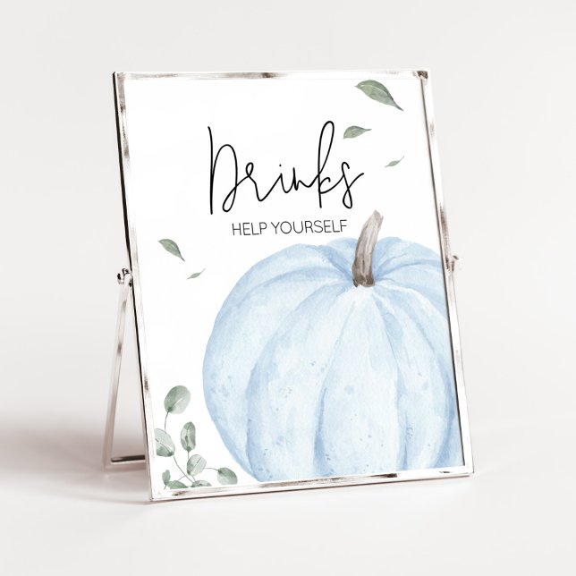 Póster Bebidas Baby Shower de calabaza Minimalista azul (Watercolor Pumpkin Baby Shower Drinks Sign)