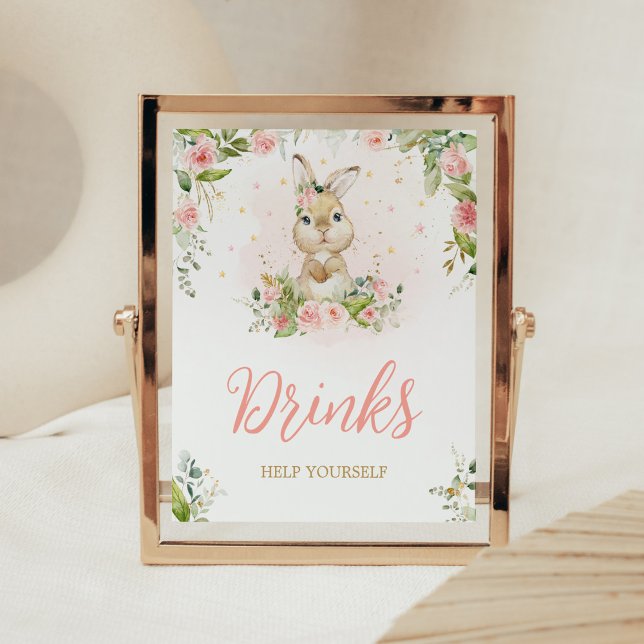 Póster Bebidas Baby Shower de conejito rosa floral (Girl Peter Rabbit Baby Shower Drinks Sign)