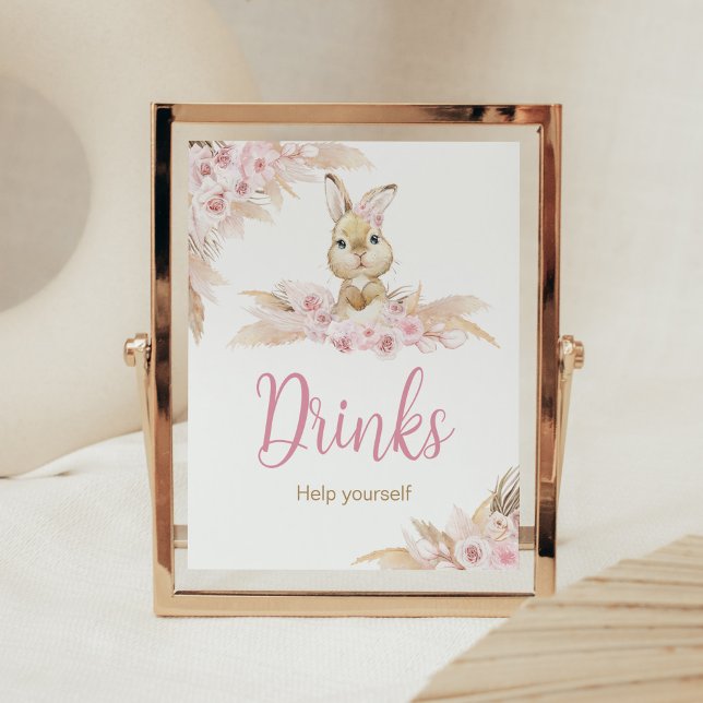 Póster Bebidas Baby Shower de conejo de boho rosado (Pampas Grass Girl Bunny Baby Shower Drinks Sign)