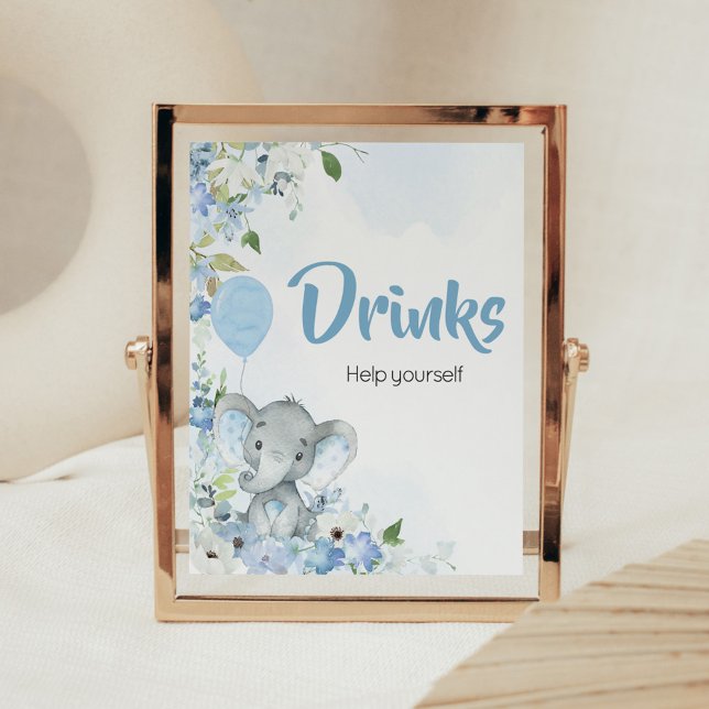 Póster Bebidas Baby Shower de Elefante de cacahuete azul (Blue Elephant Little Peanut Baby Shower Drinks Sign)