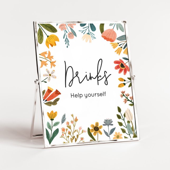 Póster Bebidas Baby Shower de flores silvestres brillante (Botanical Bright Wildflower Baby Shower Drinks Sign
)