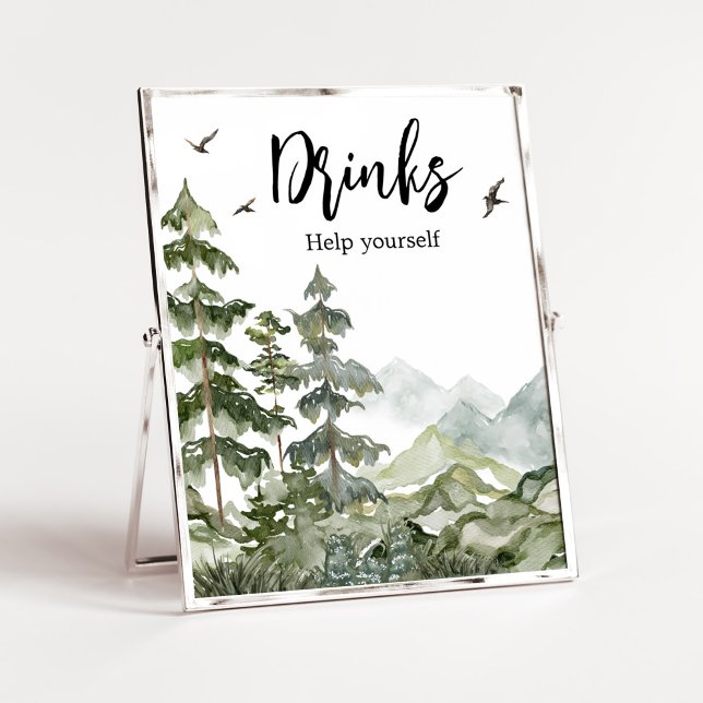 Póster Bebidas Baby Shower de Forest Adventure (Boy Woodland Baby Shower Drinks Sign)