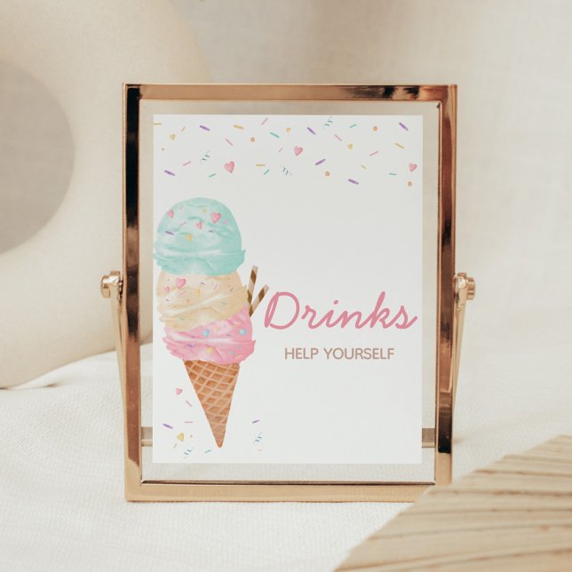 Póster Bebidas Baby Shower de helados (Ice Cream Sprinkled with Love Baby Shower Drinks Sign)