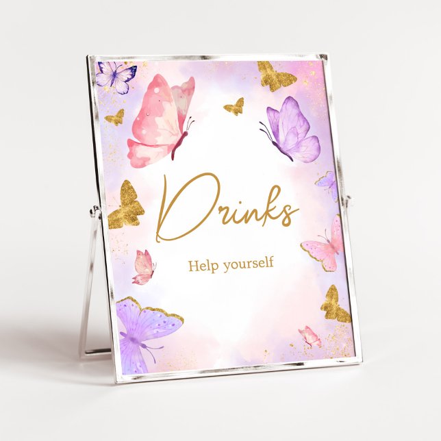 Póster Bebidas Baby Shower de mariposa morada de oro rosa (Boho Butterfly Baby Shower Drinks Sign)