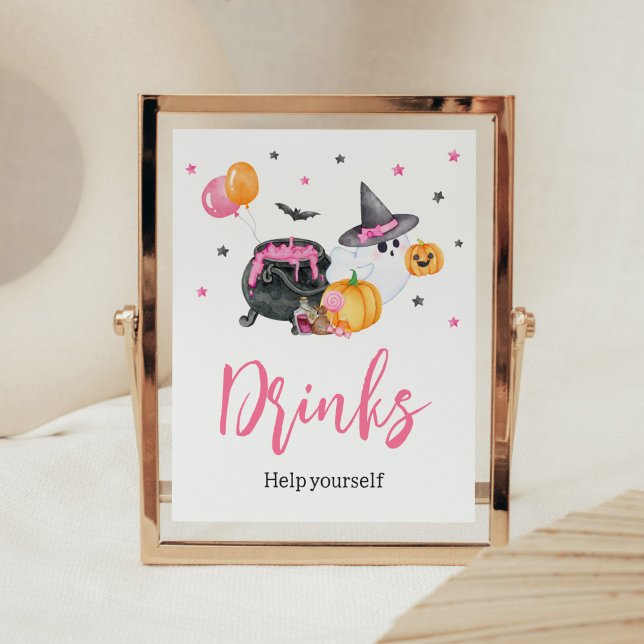 Póster Bebidas Baby Shower de pequeño fantasma chica (Ghost Halloween Baby Shower Drinks Sign)