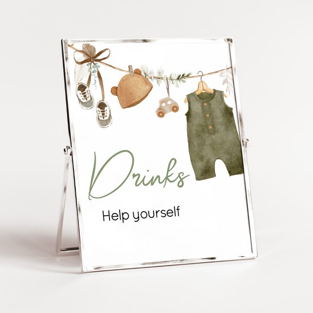 Póster Bebidas Baby Shower de ropa de bebé (Boho Clothes Sweet Baby Boy Baby Shower Drinks Sign)