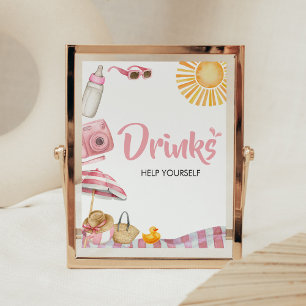 Póster Bebidas Baby Shower de verano en playa rosa