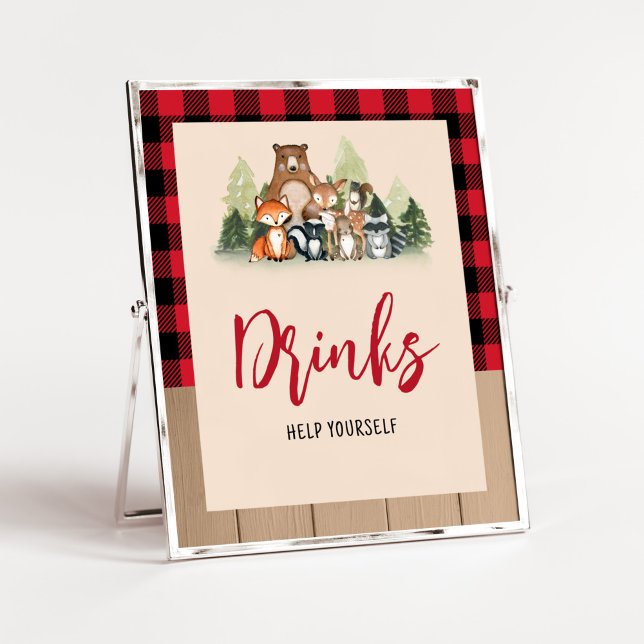 Póster Bebidas Baby Shower de Woodland Lumberjack (Plaid Lumberjack Baby Shower Drinks Sign)