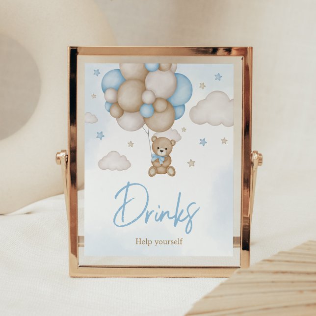 Póster Bebidas Baby Shower en globo de oso azul (Teddy Bear Balloon Baby Shower Drinks Sign)