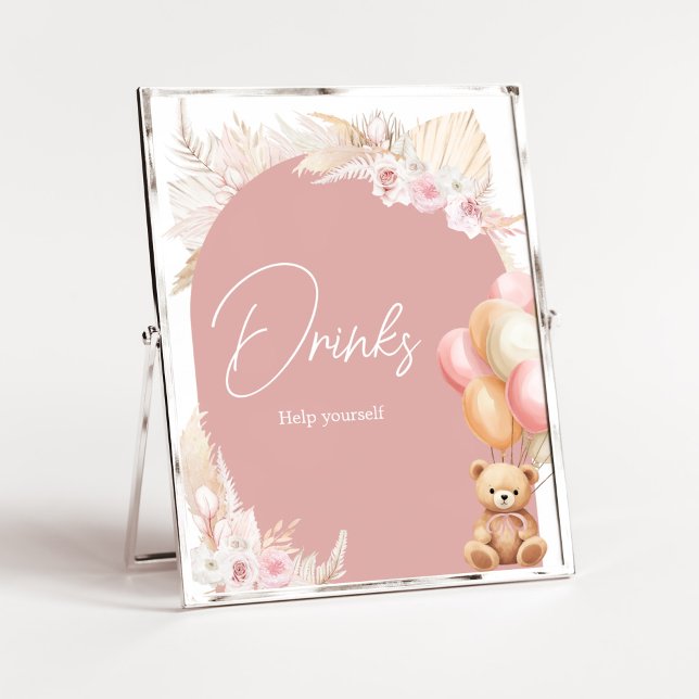Póster Bebidas Baby Shower en globo de oso de boho rosa (We Can Bearly Wait Baby Shower Drinks Sign)