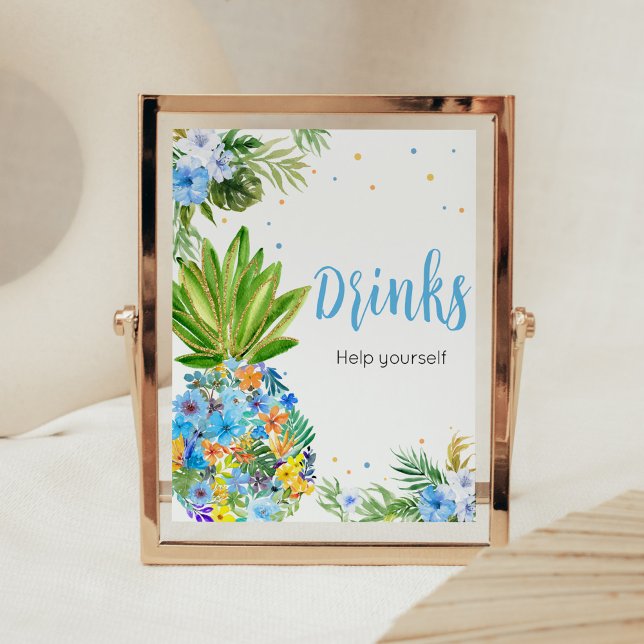 Póster Bebidas Baby Shower Floral Blue Pineapple (Blue Gold Pineapple Baby Shower Drinks Sign)