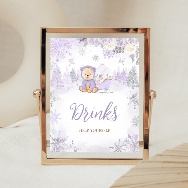 Póster Bebidas Baby Shower moradas de oso de invierno (Purple Teddy Bear Baby Shower Drinks Sign)