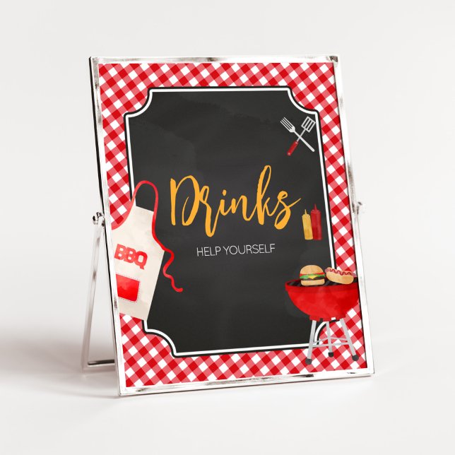 Póster Bebidas Baby Shower Red Gingham BBQ (Burger in the Oven Baby Shower Drinks Sign)