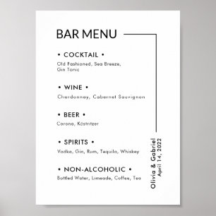 Póster Bebidas bodas. Menú de barra de Rótulo simple y mo