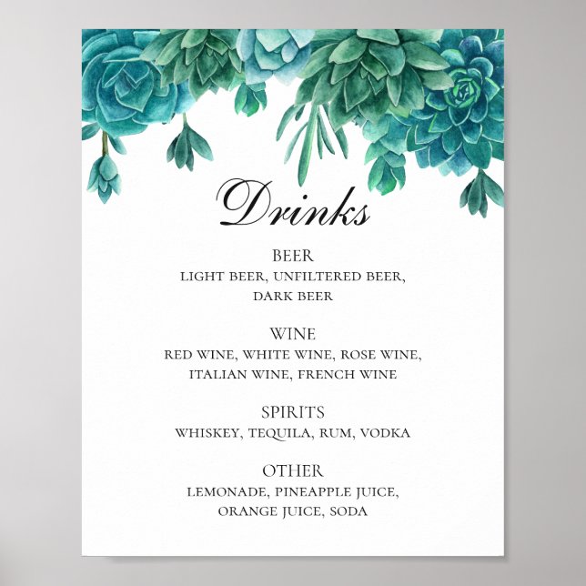 Póster Bebidas bodas suculentas azul y verde acuarela (Frente)