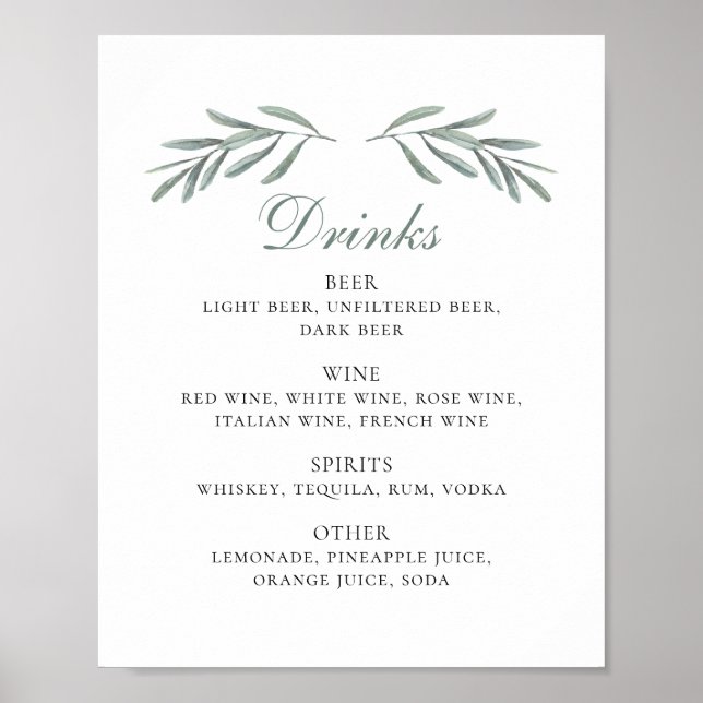 Póster Bebidas con alcohol de oliva acuarela. Boda de Ita (Frente)
