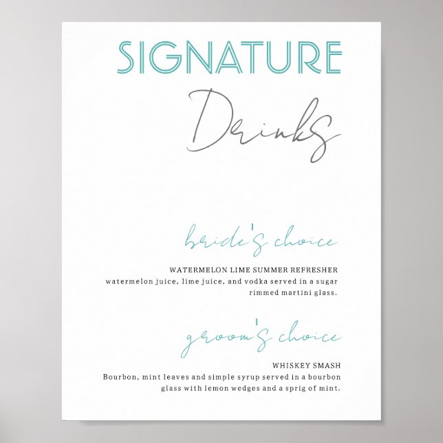 Póster Bebidas con firma azul y blanca Poster de bar Boda (Frente)