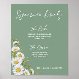 Póster Bebidas con firma Basil Green & White Daisies