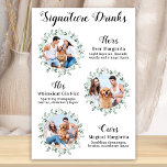 Póster Bebidas con firma Boda Mascota elegante 3 fotos<br><div class="desc">Firma Bebidas de tus mascotas! Incluya su mejor perro, mejor gato y cualquier mascota en su boda con su propio bar de bebidas. Perfecto para los amantes del perro, y un bar especial para perros será un éxito para su boda. Blanco sencillo pero elegante con hojas de eucalipto. El letrero...</div>