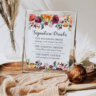 Póster Bebidas con Firma de Acuarela Floral de Otoño